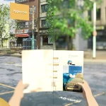 View of a street appearing blurry on one side and clear on the other, showing the difference between hyperopia and myopia while someone holds an eye health brochure