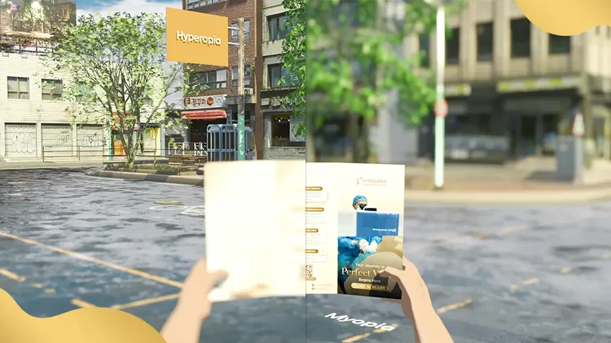 View of a street appearing blurry on one side and clear on the other, showing the difference between hyperopia and myopia while someone holds an eye health brochure