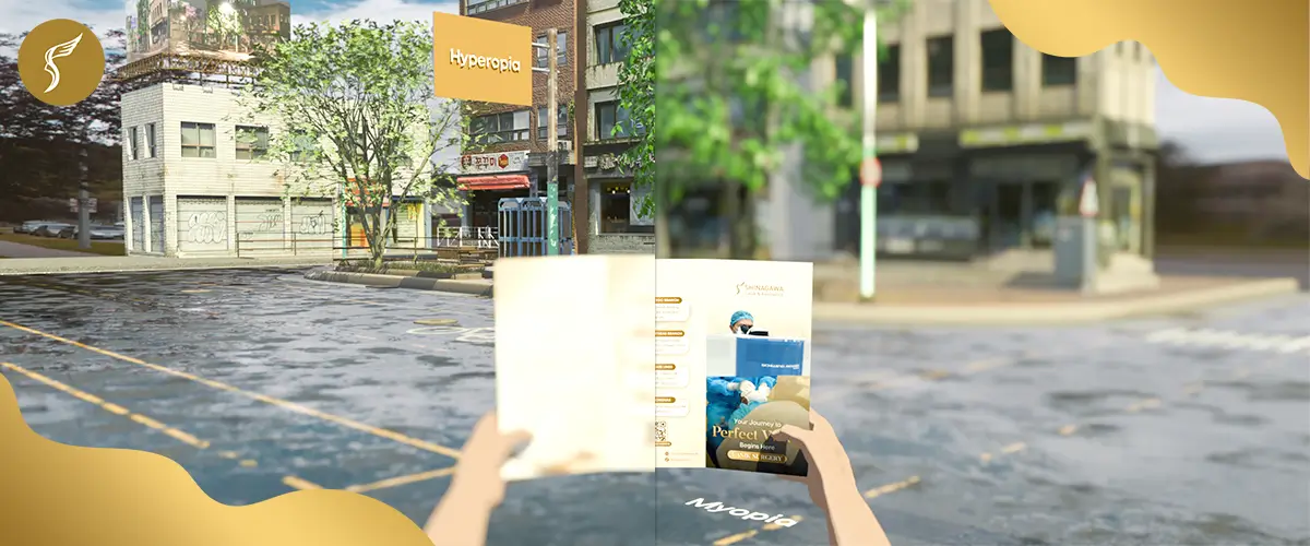 View of a street appearing blurry on one side and clear on the other, showing the difference between hyperopia and myopia while someone holds an eye health brochure
