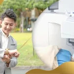 Man checking his watch outdoors beside a LASIK surgery procedure in a clinic.