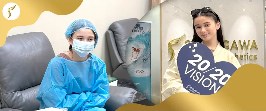 LASIK patient at Shinagawa Lasik & Aesthetics before and after surgery, showing pre-operation preparation and achieving 20/20 vision results.