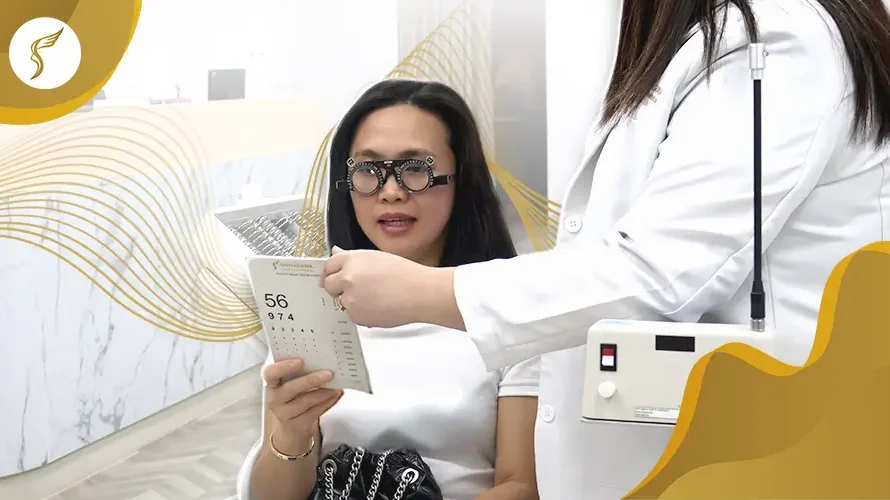 Patient reading vision chart during comprehensive eye exam at Shinagawa Lasik & Aesthetics.”