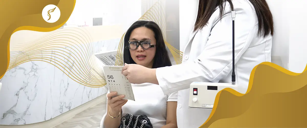 Patient reading vision chart during comprehensive eye exam at Shinagawa Lasik & Aesthetics.”