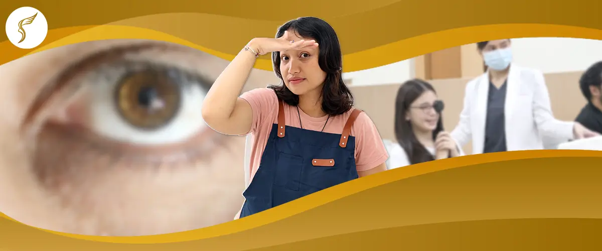 Woman experiencing vision issues during an eye checkup, highlighting the importance of early eye screening at Shinagawa Lasik & Aesthetics.