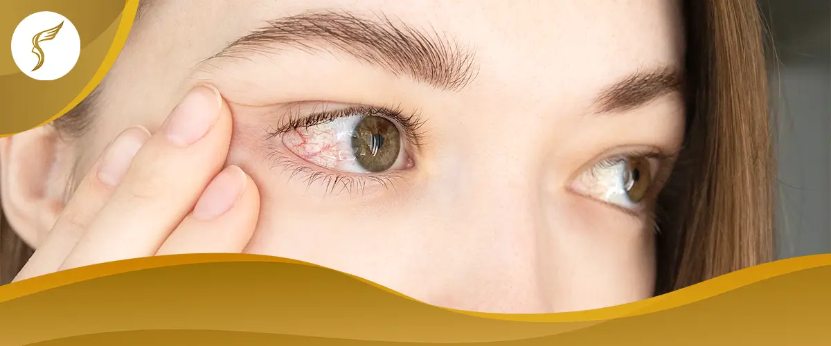 Woman checking red irritated eye, showing symptoms of allergic conjunctivitis or eye infection.