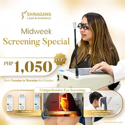 Shinagawa Lasik & Aesthetics Midweek Screening Special promo offering PHP 1,050 comprehensive eye screening with 70% discount available Tuesday to Thursday in October
