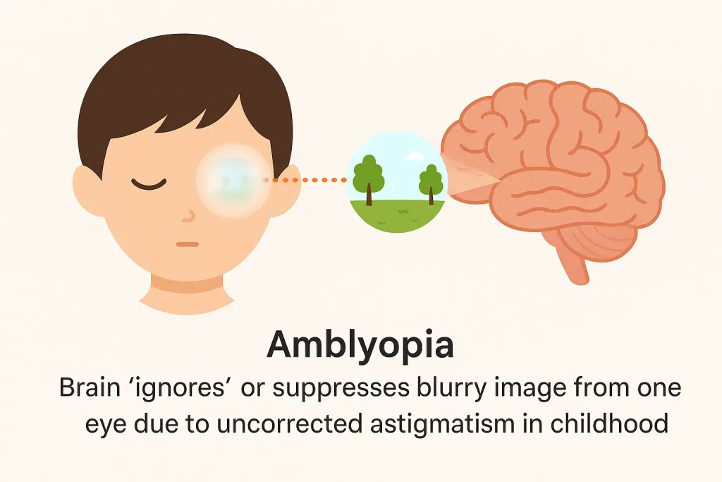Illustration of amblyopia showing how the brain suppresses a blurry image from one eye due to uncorrected childhood astigmatism