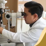Eye doctor conducting a slit-lamp exam on a female patient during a comprehensive eye check-up, with an inset showing her undergoing automated eye testing using a Canon device