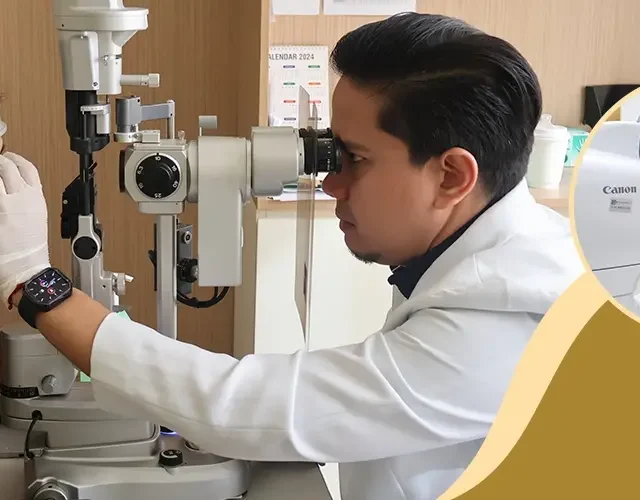Eye doctor conducting a slit-lamp exam on a female patient during a comprehensive eye check-up, with an inset showing her undergoing automated eye testing using a Canon device