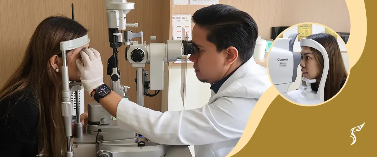 Eye doctor conducting a slit-lamp exam on a female patient during a comprehensive eye check-up, with an inset showing her undergoing automated eye testing using a Canon device