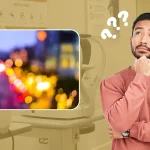 Confused man beside a blurry image of city lights, illustrating vision problems or night blindness in an eye clinic setting