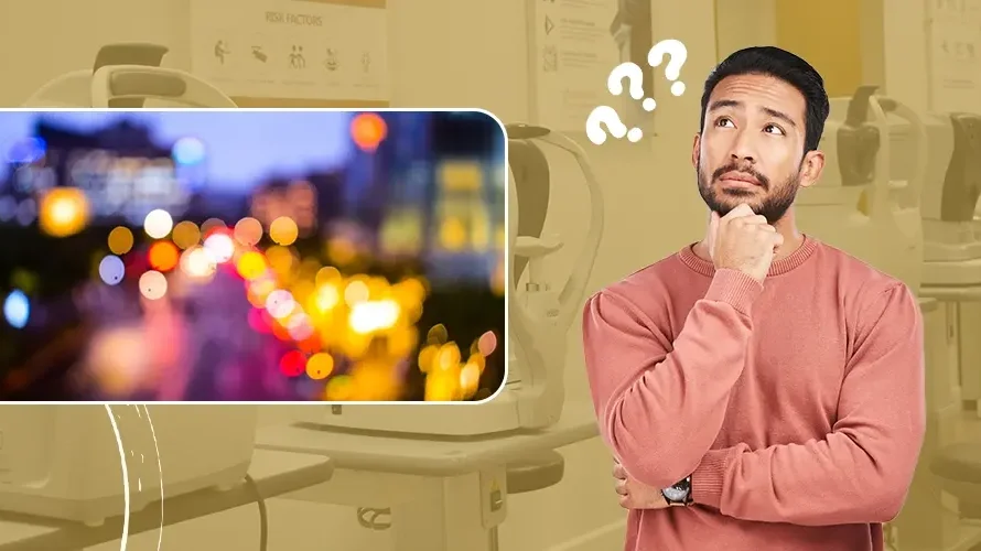 Confused man beside a blurry image of city lights, illustrating vision problems or night blindness in an eye clinic setting