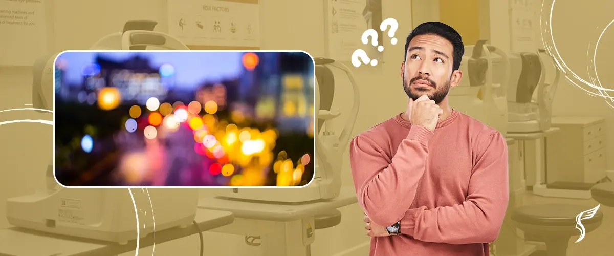Confused man beside a blurry image of city lights, illustrating vision problems or night blindness in an eye clinic setting