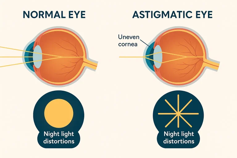 Comparison of a normal eye and an astigmatic eye showing how an uneven cornea causes night light distortions
