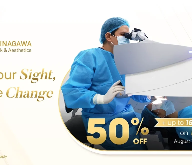 Shinagawa Lasik & Aesthetics promo banner offering 50% off and up to ₱15,000 discount on LASIK from August 1–25, 2025, featuring a surgeon performing LASIK surgery