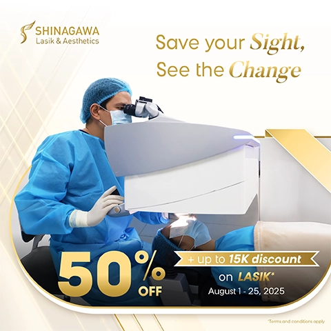Shinagawa Lasik & Aesthetics promo banner offering 50% off and up to ₱15,000 discount on LASIK from August 1–25, 2025, featuring a surgeon performing LASIK surgery