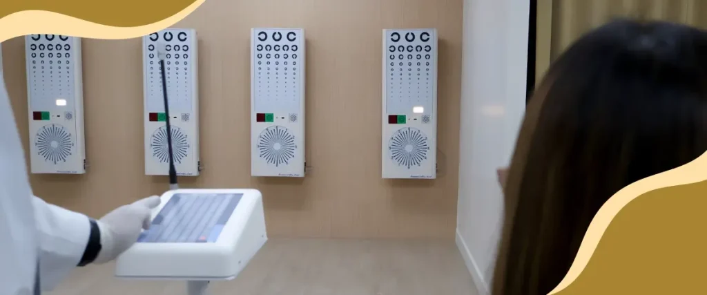 Patient taking a visual acuity test while a specialist operates the remote panel for multiple illuminated eye charts during an eye exam