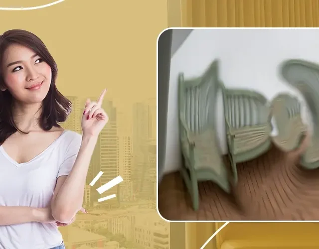 Smiling woman pointing to a distorted image of chairs, illustrating how visual distortion appears to individuals with astigmatism or other vision disorders