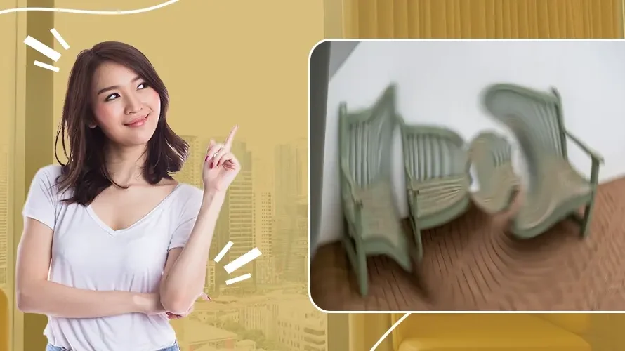 Smiling woman pointing to a distorted image of chairs, illustrating how visual distortion appears to individuals with astigmatism or other vision disorders