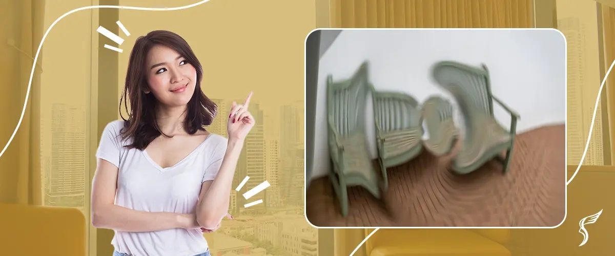 Smiling woman pointing to a distorted image of chairs, illustrating how visual distortion appears to individuals with astigmatism or other vision disorders