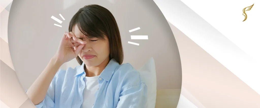 Woman rubbing her irritated eye, showing signs of discomfort possibly due to dry eyes, allergies, or post-LASIK recovery