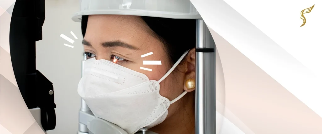 Woman wearing a face mask undergoing a slit-lamp eye examination, with light focused on her pupil during a routine vision check