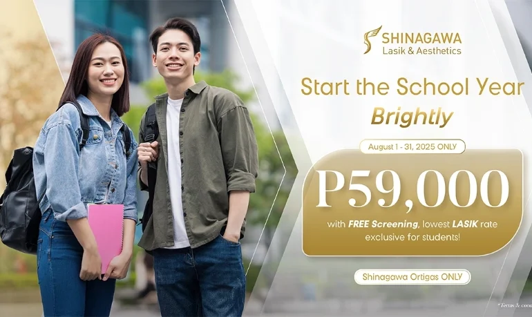 Shinagawa Lasik & Aesthetics student promo banner offering LASIK for ₱59,000 with free screening from August 1–31, 2025 at Shinagawa Ortigas