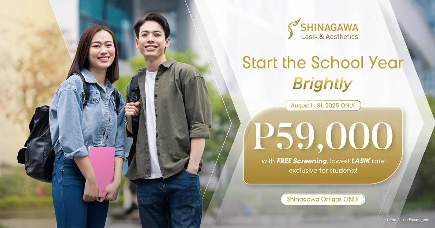 Shinagawa Lasik & Aesthetics student promo banner offering LASIK for ₱59,000 with free screening from August 1–31, 2025 at Shinagawa Ortigas