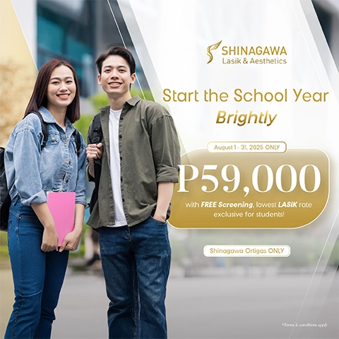 Shinagawa Lasik & Aesthetics student promo offering LASIK for ₱59,000 with free screening from August 1–31, 2025 at Shinagawa Ortigas