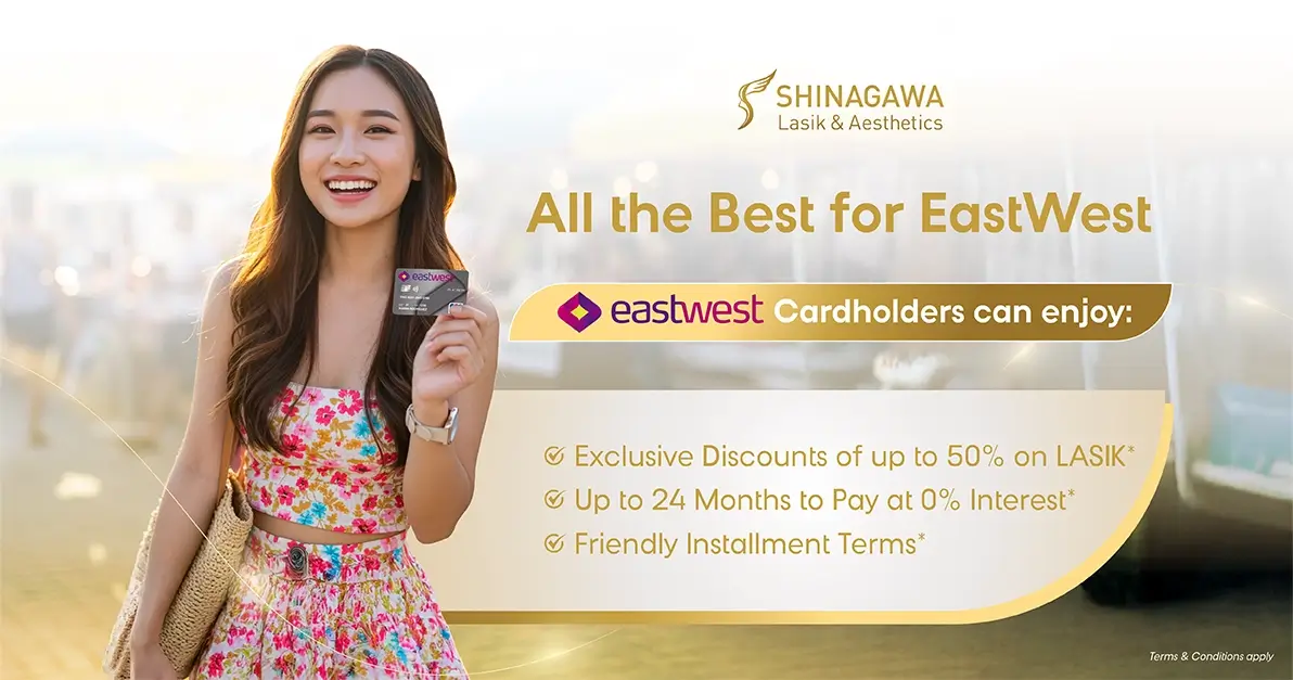 Smiling woman holding EastWest credit card promoting LASIK discounts at Shinagawa Lasik & Aesthetics in the Philippines