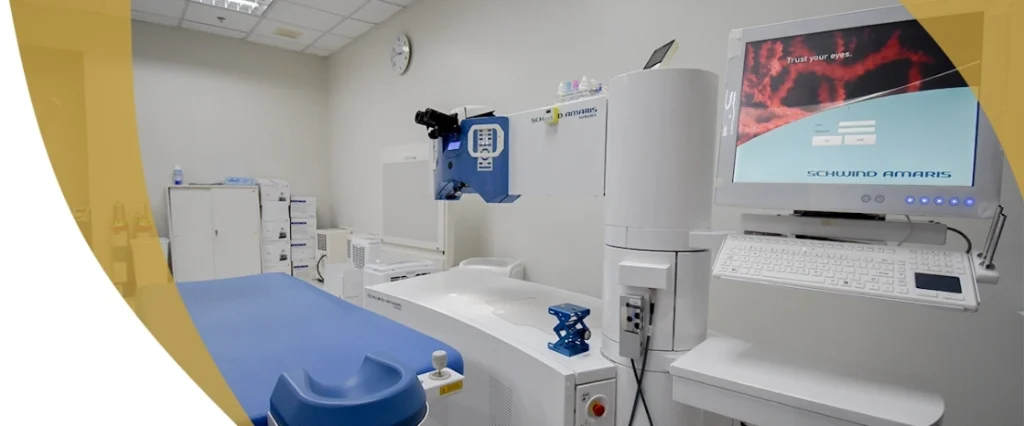 State-of-the-art LASIK surgery room with advanced SCHWIND AMARIS laser equipment and patient bed at Shinagawa Lasik & Aesthetics