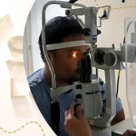 Ophthalmologist using slit lamp to perform detailed eye examination on patient at Shinagawa Lasik & Aesthetics in the Philippines