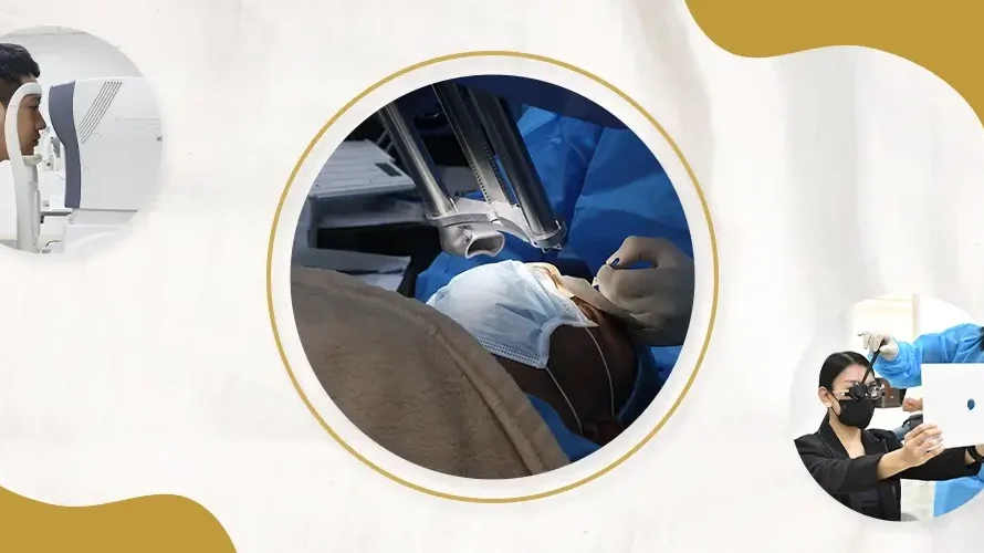 Comprehensive LASIK process at Shinagawa Lasik & Aesthetics in the Philippines showing eye screening, laser surgery, and post-operation vision test