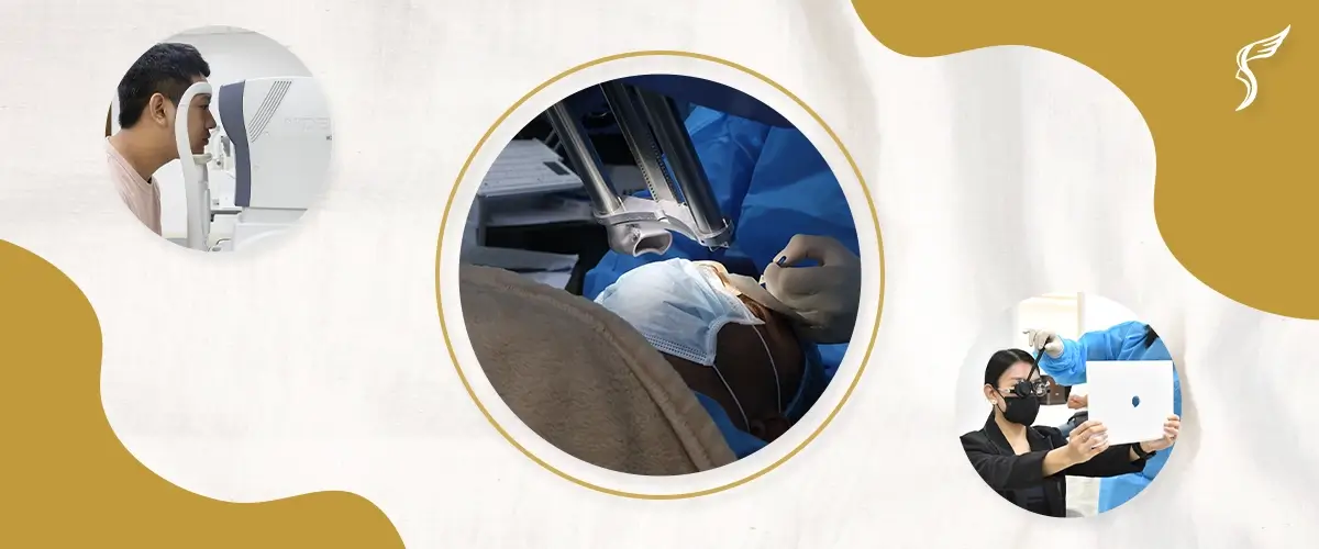 Comprehensive LASIK process at Shinagawa Lasik & Aesthetics in the Philippines showing eye screening, laser surgery, and post-operation vision test