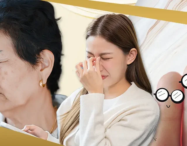 Elderly woman and young woman experiencing eye strain with illustration of glasses on fingers at Shinagawa Lasik & Aesthetics in the Philippines