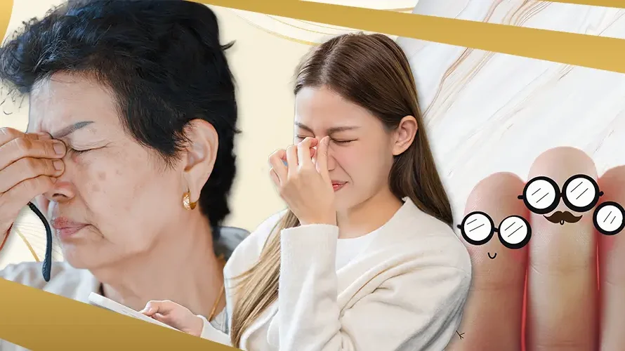 Elderly woman and young woman experiencing eye strain with illustration of glasses on fingers at Shinagawa Lasik & Aesthetics in the Philippines