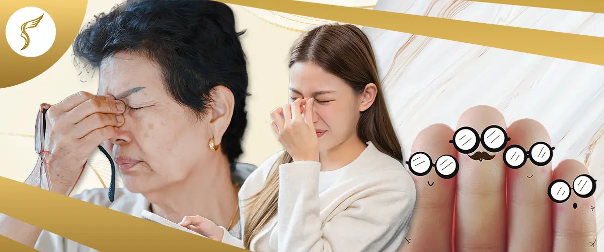Elderly woman and young woman experiencing eye strain with illustration of glasses on fingers at Shinagawa Lasik & Aesthetics in the Philippines