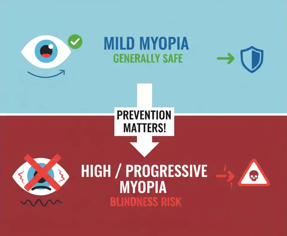 Infographic showing mild myopia as generally safe versus high progressive myopia with blindness risk, highlighting prevention importance at Shinagawa Lasik & Aesthetics in the Philippines