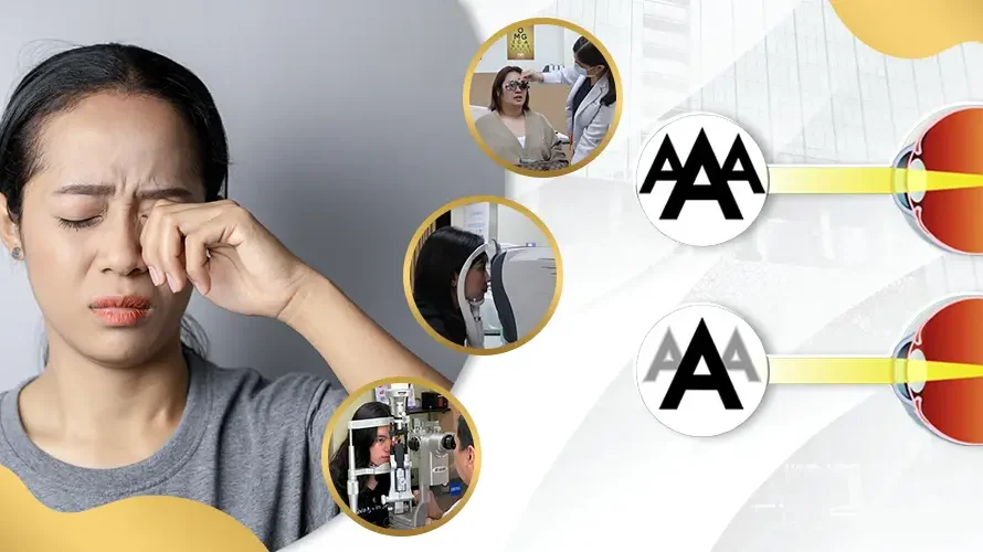 Woman rubbing eyes with vision test and eye examination graphics illustrating blurred versus clear vision at Shinagawa Lasik & Aesthetics in the Philippines
