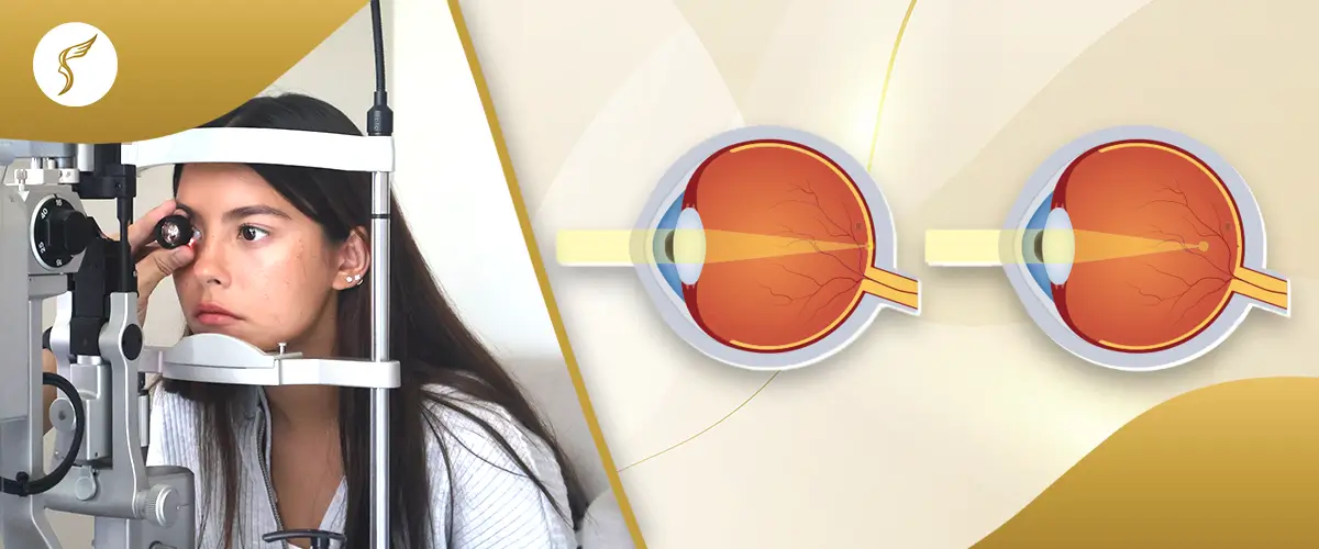 Patient undergoing eye checkup with slit lamp alongside medical illustration of corrected vision at Shinagawa Lasik & Aesthetics in the Philippines