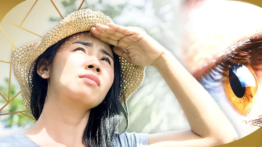 Woman shielding eyes from bright sunlight with close-up of brown eye, symbolizing light sensitivity at Shinagawa Lasik & Aesthetics Philippines