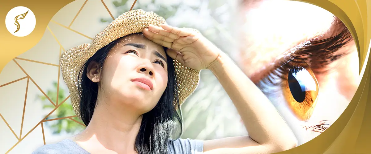 Woman shielding eyes from bright sunlight with close-up of brown eye, symbolizing light sensitivity at Shinagawa Lasik & Aesthetics Philippines