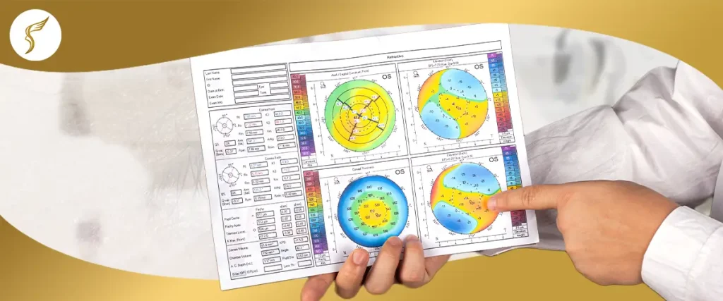 Ophthalmologist holding and pointing at corneal topography scan results for eye examination at Shinagawa Lasik & Aesthetics Philippines