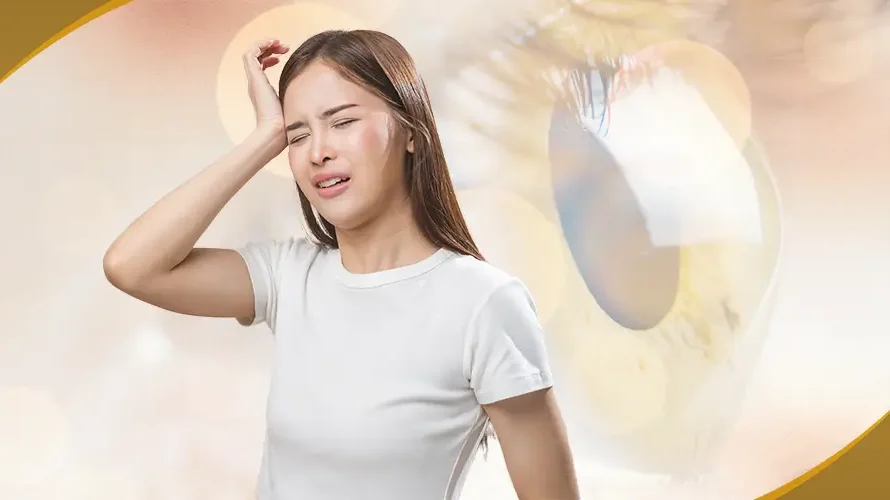Woman experiencing eye pain and headache, showing possible symptoms of keratoconus-related eye strain or migraines