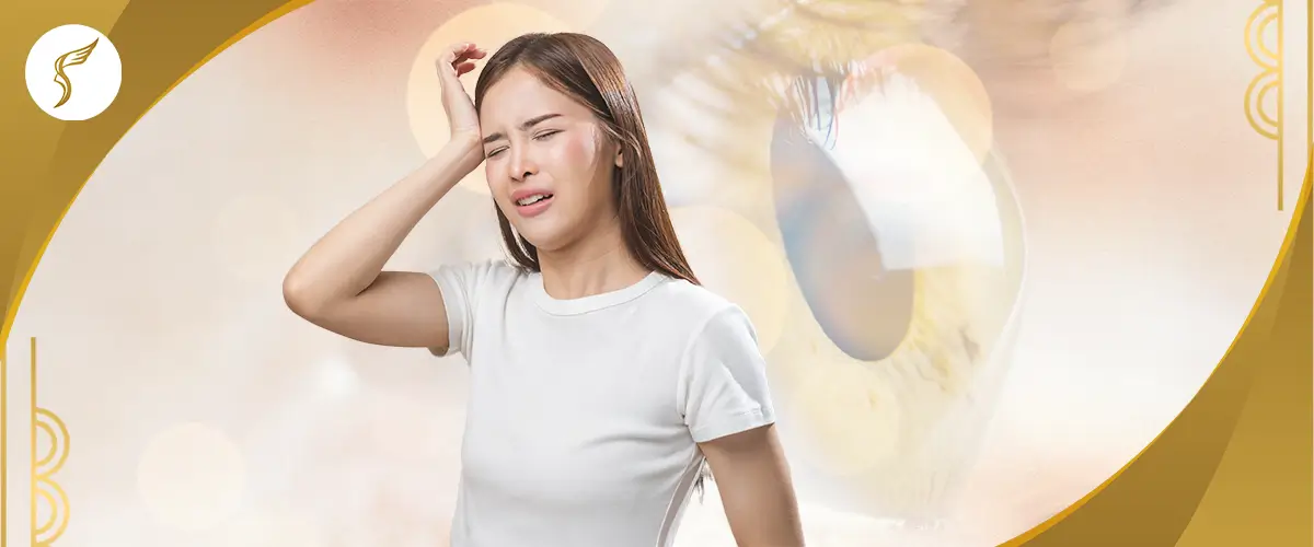Woman experiencing eye pain and headache, showing possible symptoms of keratoconus-related eye strain or migraines