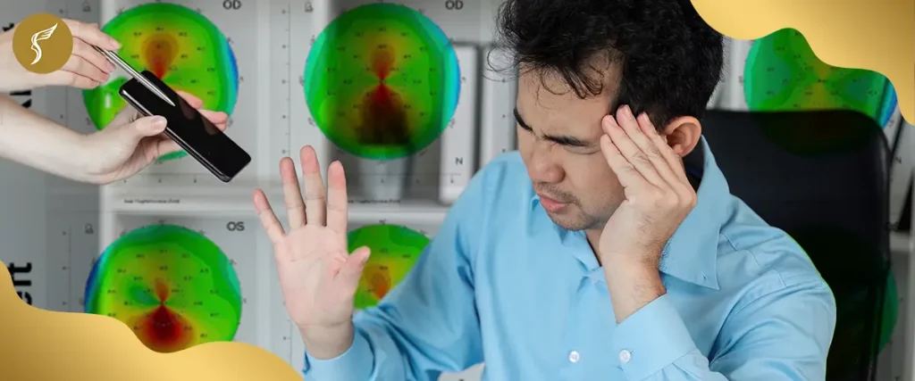 Man shielding his eyes from bright light and experiencing headache, illustrating light sensitivity or photophobia due to eye condition