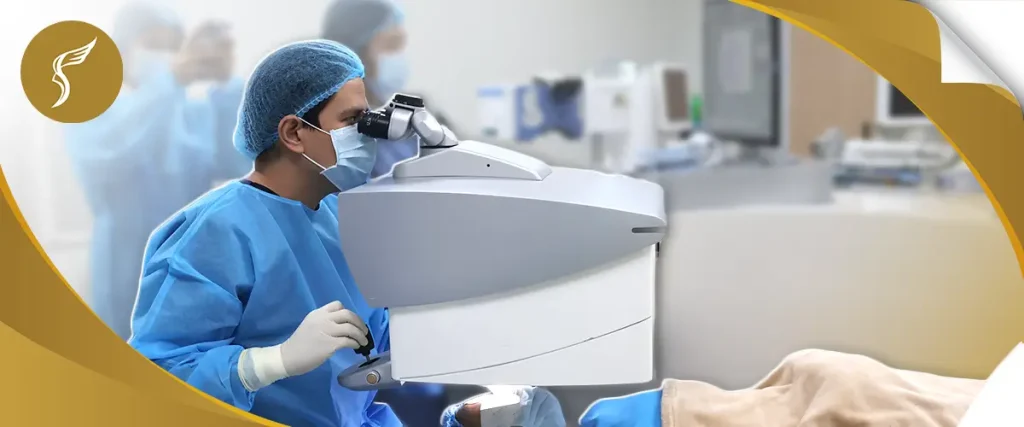 LASIK surgeon in blue scrubs and mask performing eye surgery using advanced laser technology at Shinagawa Lasik & Aesthetics