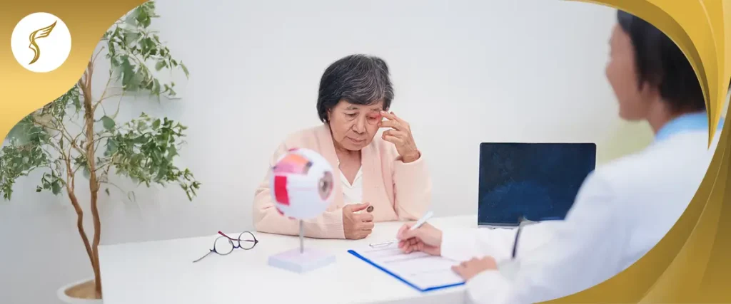 Elderly woman consulting an eye doctor about vision problems at Shinagawa Lasik & Aesthetics clinic