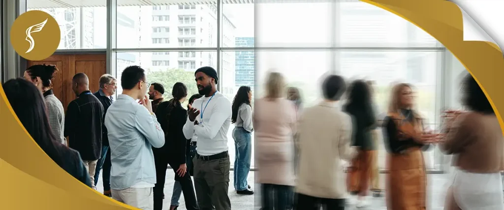 Group of people in a bright indoor setting, showing clear and blurred vision comparison to illustrate eyesight issues, by Shinagawa Lasik & Aesthetics