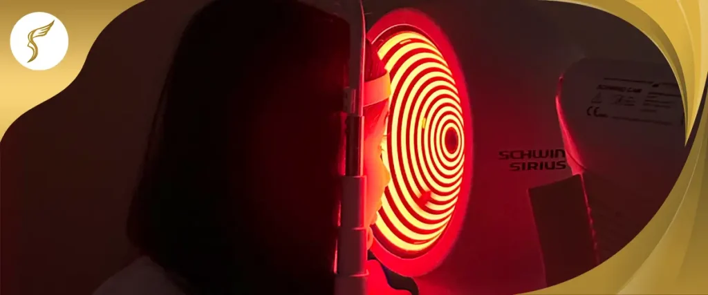 Patient undergoing corneal topography test using Schwind Sirius device to map the curvature of the cornea